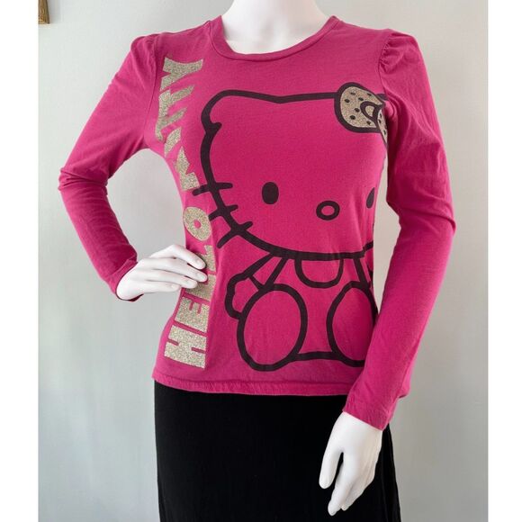 Hello Kitty Gold Glitter Rhinestone Bow Long Sleeve Graphic Tee Shirt size JR XS - Picture 1 of 6